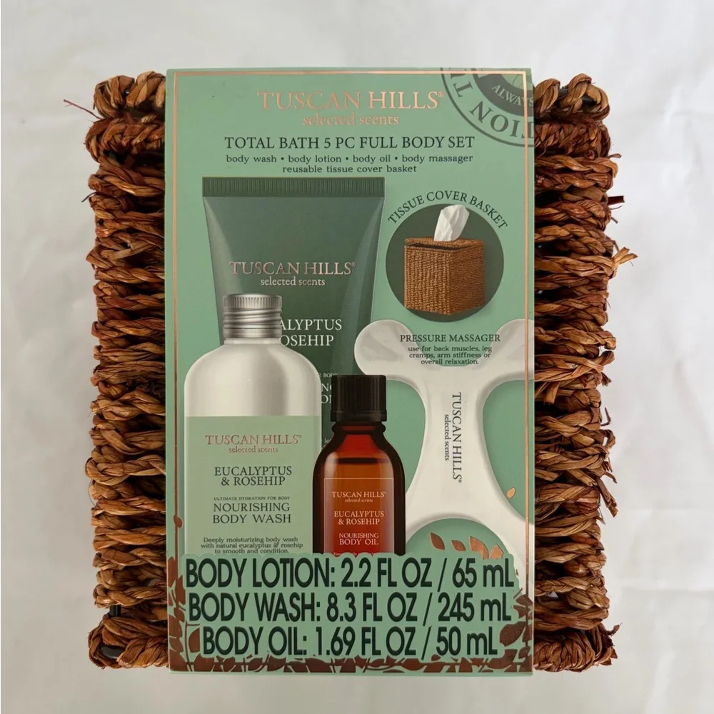 Tuscan Hills Body Care Wicker Basket 5Pc Eucalyptus & Rosehip - Lotion Wash Oil